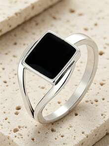 925 Sterling Silver Unique Black Square Design Ring, Suitable For Women And Men, For Holiday, Hip-Hop Party, And Daily Wear - Black - View 12