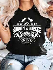 Plus Size - BORGIN & BURKES Vintage Text Print T-Shirt, Plus Size Letter Print T-Shirt, Casual Short Sleeve Crew Neck Top, Suitable For Summer And Spring, Plus Size Clothing For Women - 黑色 - 查看 1