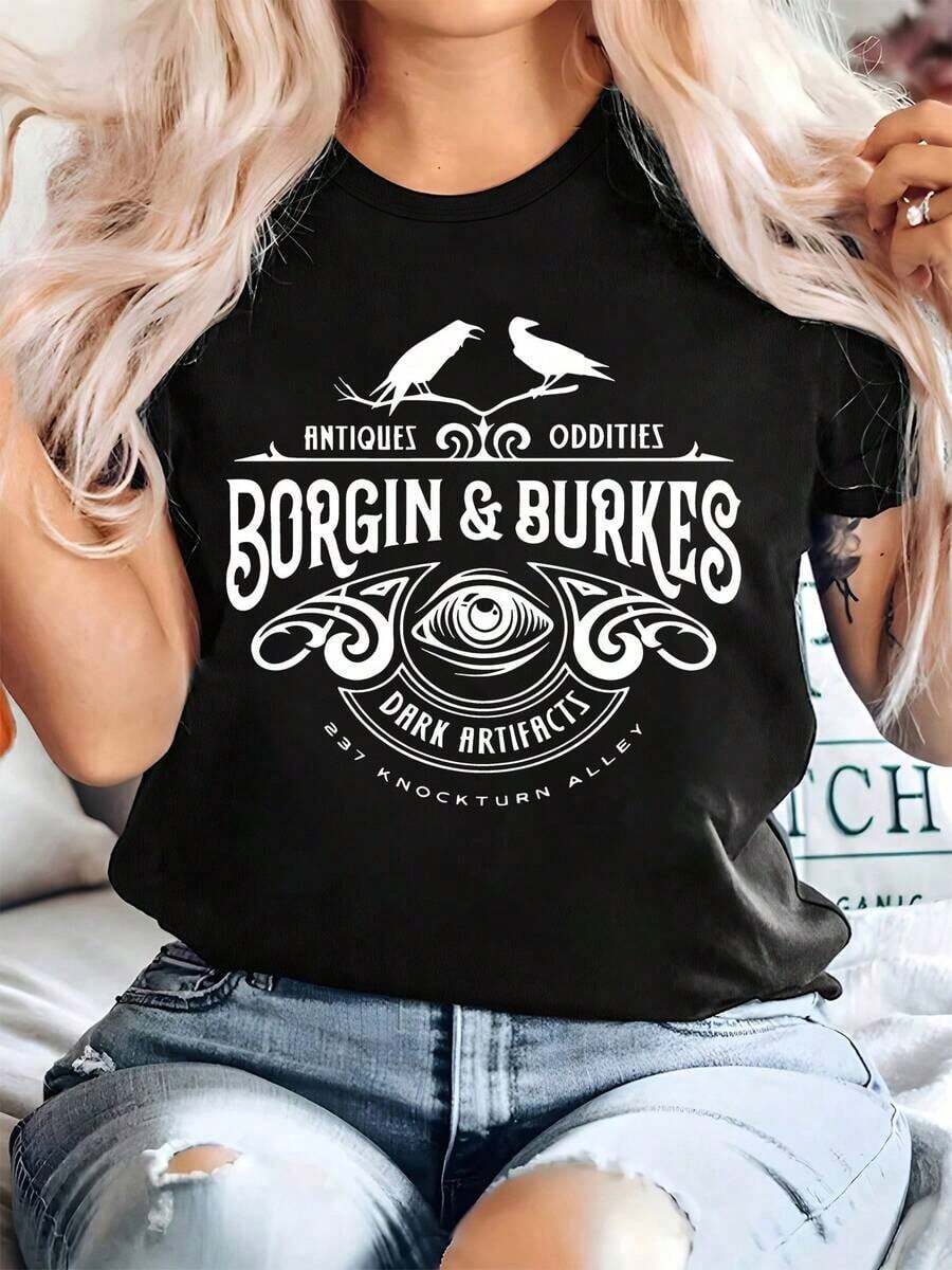 Plus Size - BORGIN & BURKES Vintage Text Print T-Shirt, Plus Size Letter Print T-Shirt, Casual Short Sleeve Crew Neck Top, Suitable For Summer And Spring, Plus Size Clothing For Women - 黑色 - 查看 1