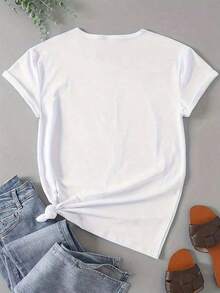 100% Cotton Women's Round Neck T-Shirt With Glitter Print PACU For Casual Wear, Soft, Simple Solid Color T-Shirt, Loose And Slim Fit, Casual Short Sleeve - 白色的 - 查看 3