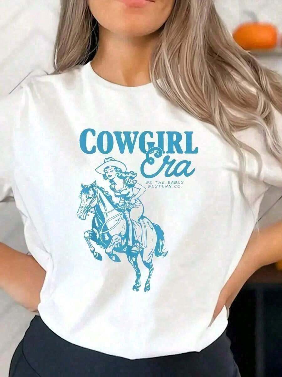 1 Piece, 2026, Women's White Short Sleeve Crew Neck T-Shirt, Casual Denim Style With Simple Print, Vintage West Era Inspiration, Western Aesthetic, Graphic Tees, Fashionable Tops For Daily Wear, Suitable For Holidays, Graphic Tees, Summer Tops, Black Top, 180g 100% Cotton Tops. - 彩色 - 查看 1