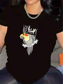 Premium100% Cotton Parrot Pattern T-Shirt |   And Comfortable, An Ideal Choice For Casual Occasions, Soft, Lightweight, Suitable For Daily Use, Unisex Fashion Patterned T-Shirt, Round Neck, , Printed Pattern Casual Comfortable Summer Top For Wo, Loose Round Neck T-ShirtGift Idea - 黑色 - 查看 1