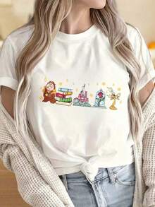 [Free National Shipping] Character T-Shirt, Women's Inspired Graphic Tee, Cartoon Design With Belle, The Beast And The Castle Print, Comfortable Cotton Top - 風格 - 查看 6
