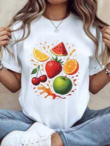 Cool Casual Women's T-Shirt, Short Sleeve, Fruit Print, Graphic Tee, Casual Summer Top, Comfortable Fabric, Perfect As A Gift. - 白色 - 查看 7