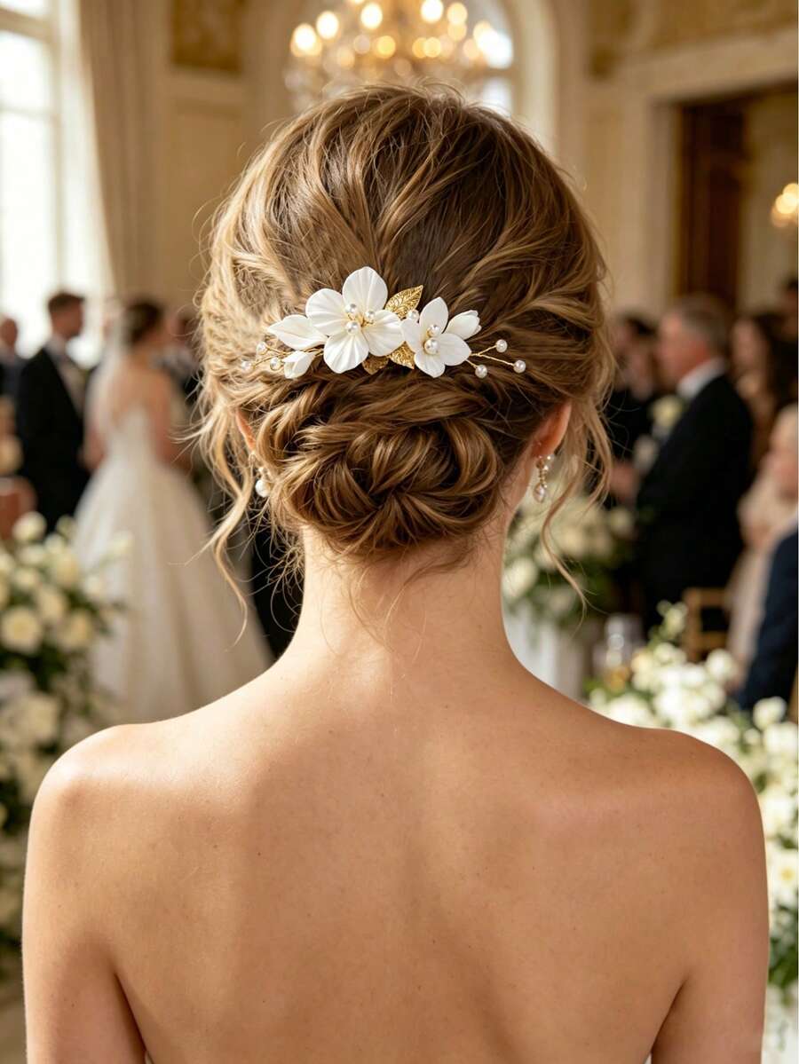 1pc Handmade Ceramic Flower & Leaf Faux Pearl Beaded Elegant Hair Comb, Suitable For Wedding, Daily Wear, Vacation - Gold - View 1