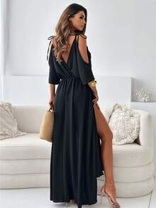 Women's Red Dress With V-Neck, Off-The-Shoulder Lacing, Three-Quarter Sleeves, High Side Slit, Gathered Waist, Flowing Chiffon Fabric, Elegant And Sexy Style Ideal For Summer Vacations, Beach Parties And Formal Evening Events - 黑色 - 查看 3