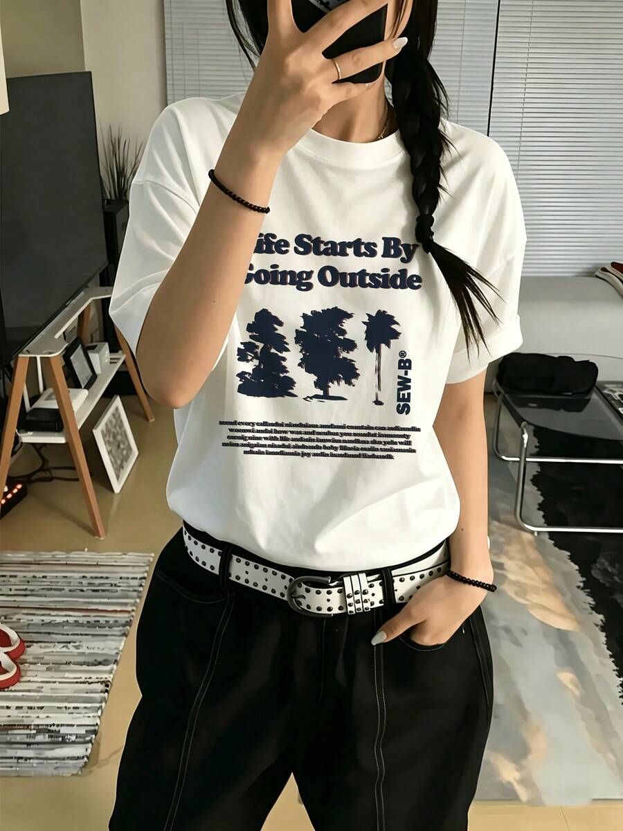 Cute Loose-Fitting T-Shirt With English Letter Print, Women's Short-Sleeved White Summer Top - 白色 - 查看 1