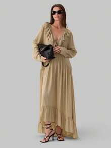 Vestido largo cuello V con volantes y manga acampanada, estilo vacacional primavera verano 2026 - Caqui - Ver 3