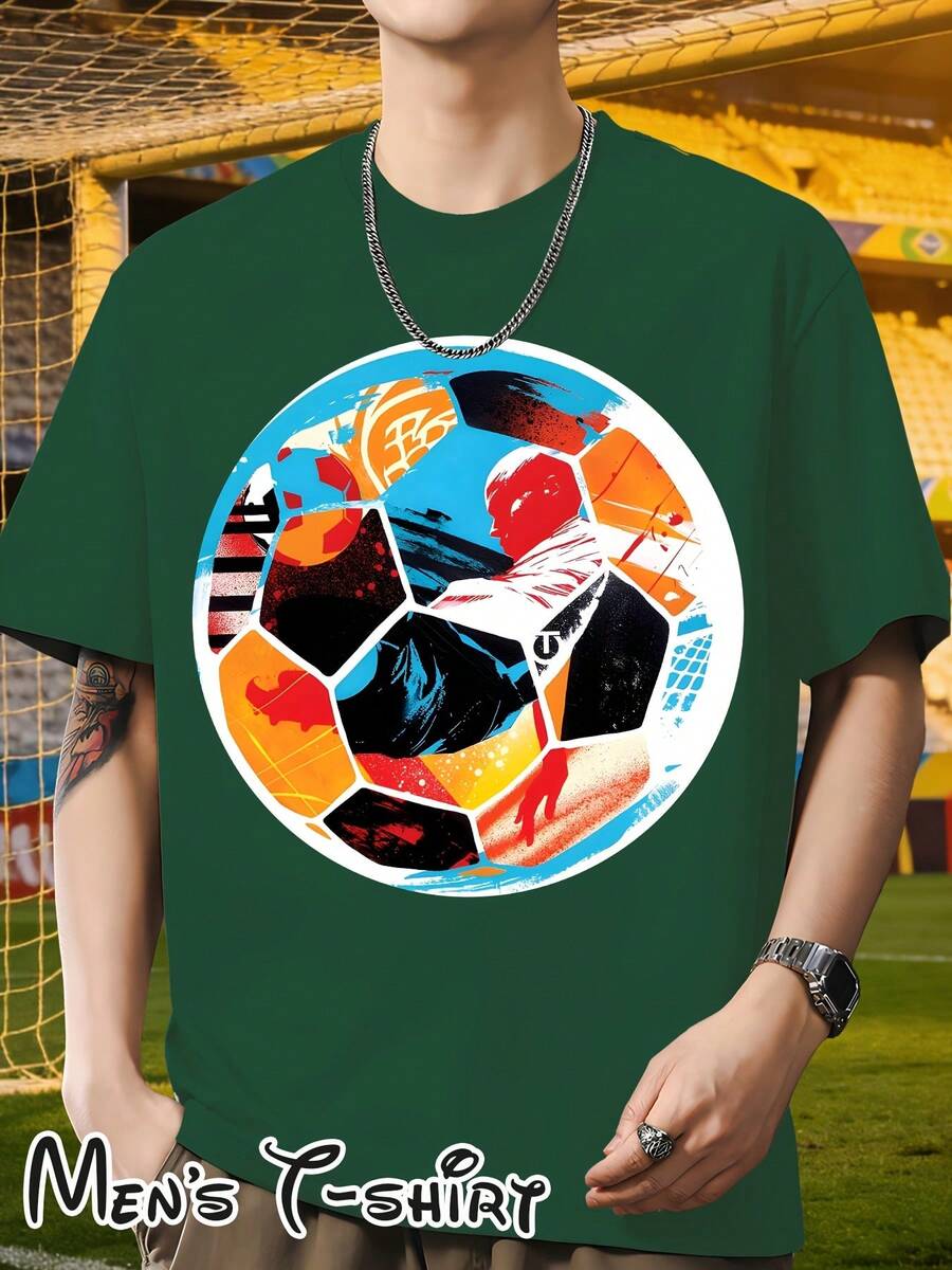 [Popular Licensed Design] Short-Sleeved T-Shirt With "Color Block Mosaic Style" Print, Artistic And Fashionable Outfit, Perfect For Casual Dinners And Sightseeing Walks, Football Collage Art Style, Suitable For Art Exhibitions, Casual Daily Wear, Student Outings And As A Gift For Football Art Fans. - 綠色 - 查看 1