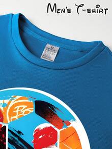 [Popular Licensed Design] Short-Sleeved T-Shirt With "Color Block Mosaic Style" Print, Artistic And Fashionable Outfit, Perfect For Casual Dinners And Sightseeing Walks, Football Collage Art Style, Suitable For Art Exhibitions, Casual Daily Wear, Student Outings And As A Gift For Football Art Fans. - 藍色 - 查看 5