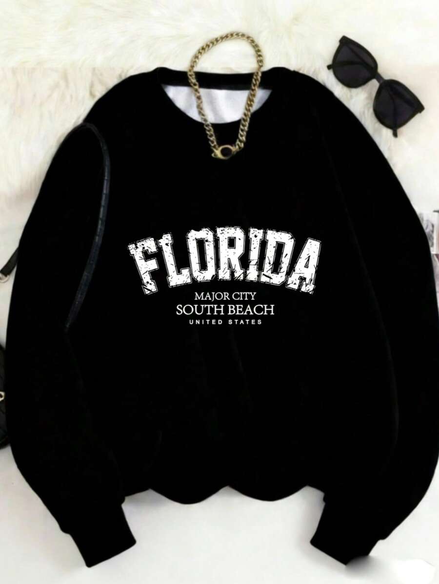MSUCC|Women's Basic Crew Neck T-Shirt With Print, American Style, Modern And Youthful Design, Suitable For All Seasons And Everyday Wear, With Soft Fabric|Florida South Beach Print Sweatshirt - 黑色 - 查看 1