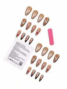 Brown Flowers Press On Nails Medium Square Fake Nails With Gold Charm Floral Design False Nails Autumn And Winter Floral Leaves Stick On Nails For Women Girls Nail Decoration 24Pcs - Multicolor - View 5