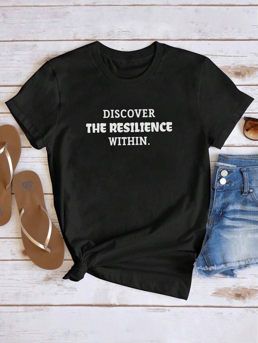 Camiseta Estampada para Mujer - Camiseta Casual de Manga Corta y Cuello Redondo en Negro con Texto Blanco en Negrita, Corte Relajado para Todas las Estaciones, Perfecta para Uso Diario y Vacaciones, Lavable aáquina. - Negro - Ver 1