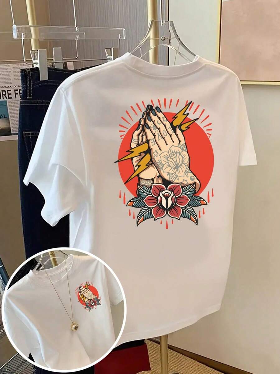 | Exquisite Design | Loose And Comfortable | Easy To Match | Women's Short-Sleeved, Round Neck, Double-Sided Printed T-Shirt With A Prayer And Rose Design, Made Of Soft-Touch Fabric, Classic Design For Spring And Summer, A Must-Have Fashion Item For Women. - 白色 - 查看 1