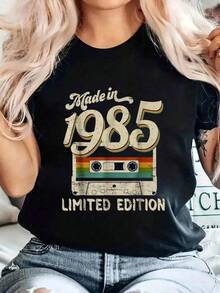 1 Pieza Camiseta Unisex Holgada 180g 100% Algodón Puro, Camiseta única edición limitada 1985 con diseño retro de cassette colorido ideal para amantes de la moda y la cultura y2k destaca en tu guardarropa y resalta tu estilo único no te quedes sin la tuya Cómoda y versátil para escuela, trabajo, salidas y eventos casuales - Negro - Ver 1