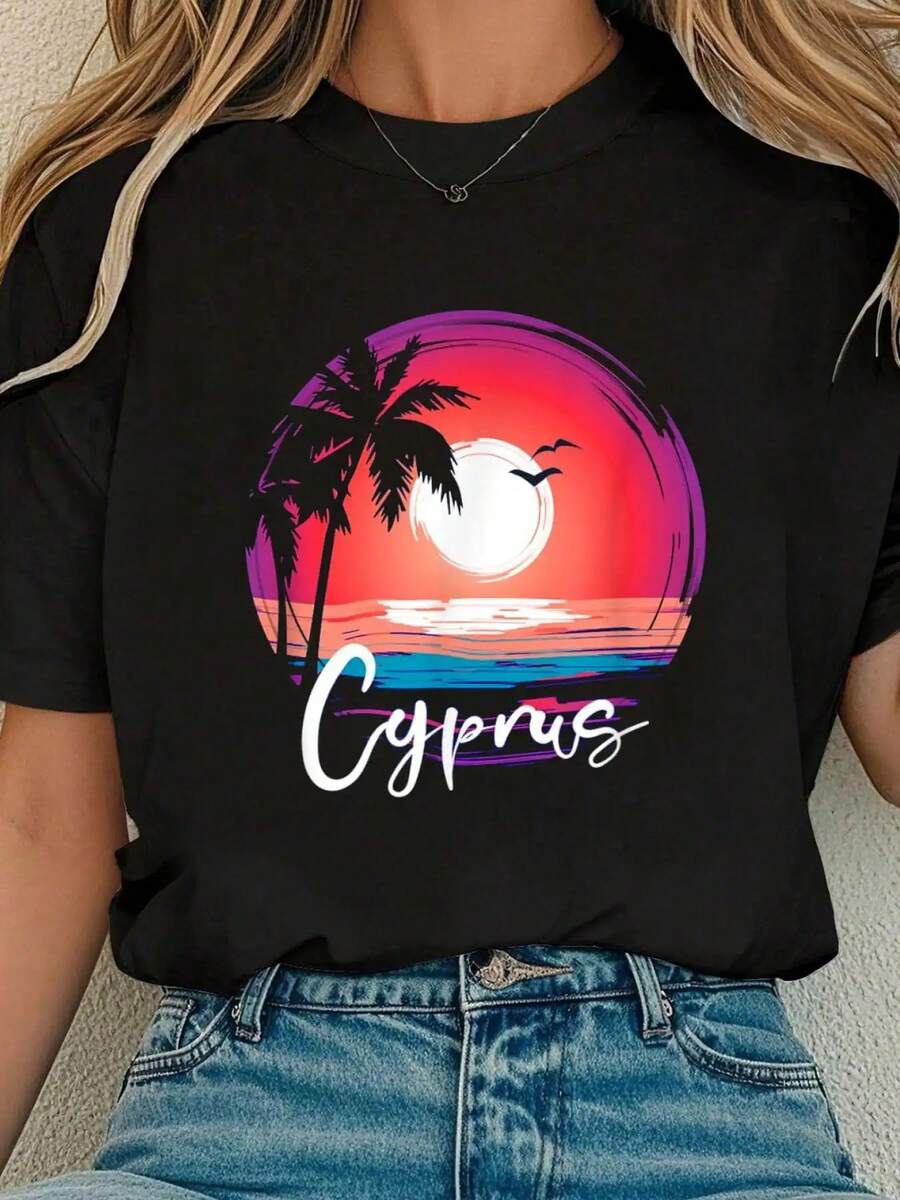 | Exquisite Design | Loose And Comfortable | Easy To Match | Cyprus Holiday Sunrise At Sea Print Travel T-Shirt, Casual Round Neck Short Sleeve T-Shirt, Comfortable, Women's Clothing For Spring And Summer - 黑色 - 查看 1