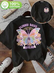 | Exquisite Design | Loose And Comfortable | Easy To Match | [Double-Sided Print] Women's Summer Clothes, Short Sleeve, Sweet Style, Butterfly Print, Flower, SUNNY DAYS AHEAD, Round Neck, Pure Cotton Short Sleeve T-Shirt [LangK] - 黑色 - 查看 1