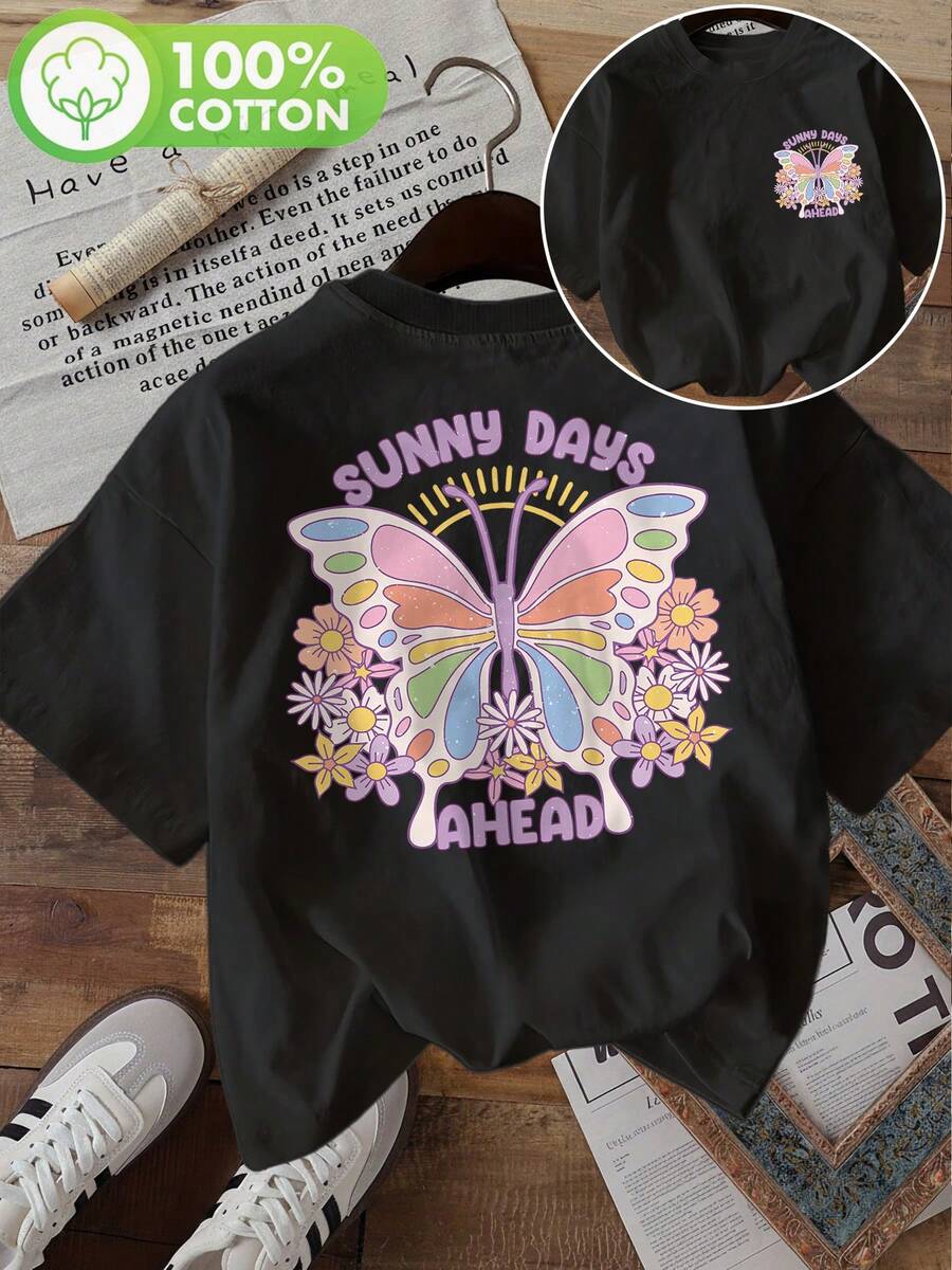 | Exquisite Design | Loose And Comfortable | Easy To Match | [Double-Sided Print] Women's Summer Clothes, Short Sleeve, Sweet Style, Butterfly Print, Flower, SUNNY DAYS AHEAD, Round Neck, Pure Cotton Short Sleeve T-Shirt [LangK] - 黑色 - 查看 1