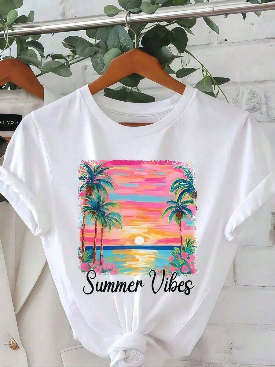 1 Piece Of Women's Clothing, White T-Shirt With Sunset Palm Tree Print, Unisex Casual Crew Neck T-Shirt, Lightweight Knit Fabric, Washable, For Spring/Summer/Autumn, Beach Day/Valentine's Day/Independence Day. Crew Neck, 100% Cotton, Soft Fabric, Short Sleeve. - 白色 - 查看 1
