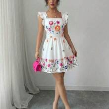 Vestido casual de vacaciones con estampado floral, sin mangas, cuello cuadrado, cintura ceñida y volantes en el bajo, adecuado para carnaval, Día del Trabajo, Pascua, vuelta al colegio, Día del Maestro, estudiante, campus, viaje, verano - Multicolor - Ver 6