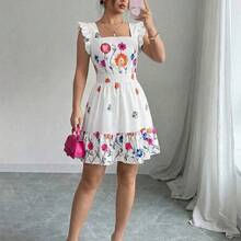 Vestido casual de vacaciones con estampado floral, sin mangas, cuello cuadrado, cintura ceñida y volantes en el bajo, adecuado para carnaval, Día del Trabajo, Pascua, vuelta al colegio, Día del Maestro, estudiante, campus, viaje, verano - Multicolor - Ver 5