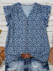 Clasi Blusa de mujer de verano con cuello en V y mangas cortas con estampado floral - Azul - Ver 2