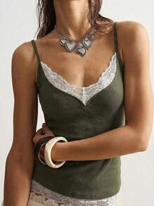 Camiseta de punto de unicolor informal para mujer - Verde militar - Ver 5