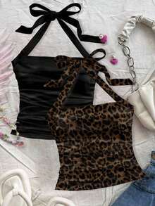 Set de 2 tops de mujer con cuello halter, espalda descubierta y estampado floral fruncido - Multicolor 2 - Ver 4