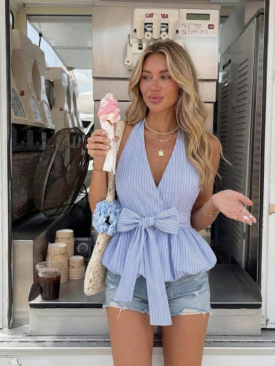 2026 Nueva llegada Blusa de mujer con estilo envolvente y detalle de lazo, patrón de rayas clásico - Versátil para uso casual diario, oficina, viajes relajados - Multicolor 8 - Ver 1