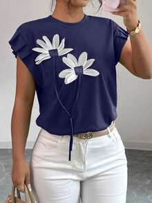 Camiseta de mujer con flores tridimensionales lindas y contrastantes para verano y otoño - Azul marino - Ver 3