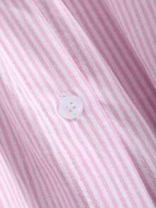 Camisa con volantes y hombros caídos a rayas verticales, blusas de manga larga, ropa de otoño - Rosa Pálido - Ver 9