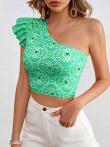 VCAY Parte superior asimétrica de punto impresa corta y entallada para mujer, ideal para vacaciones - Verde - Ver 4