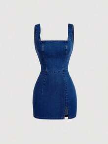 MOD Vestido de mezclilla de Body con cuello cuadrado y abertura, para moda de verano de mujeres - Azul lavado oscuro - Ver 1