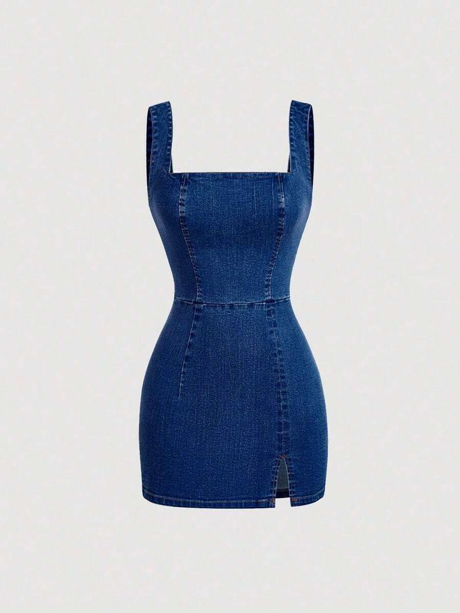 MOD Vestido de mezclilla de Body con cuello cuadrado y abertura, para moda de verano de mujeres - Azul lavado oscuro - Ver 1