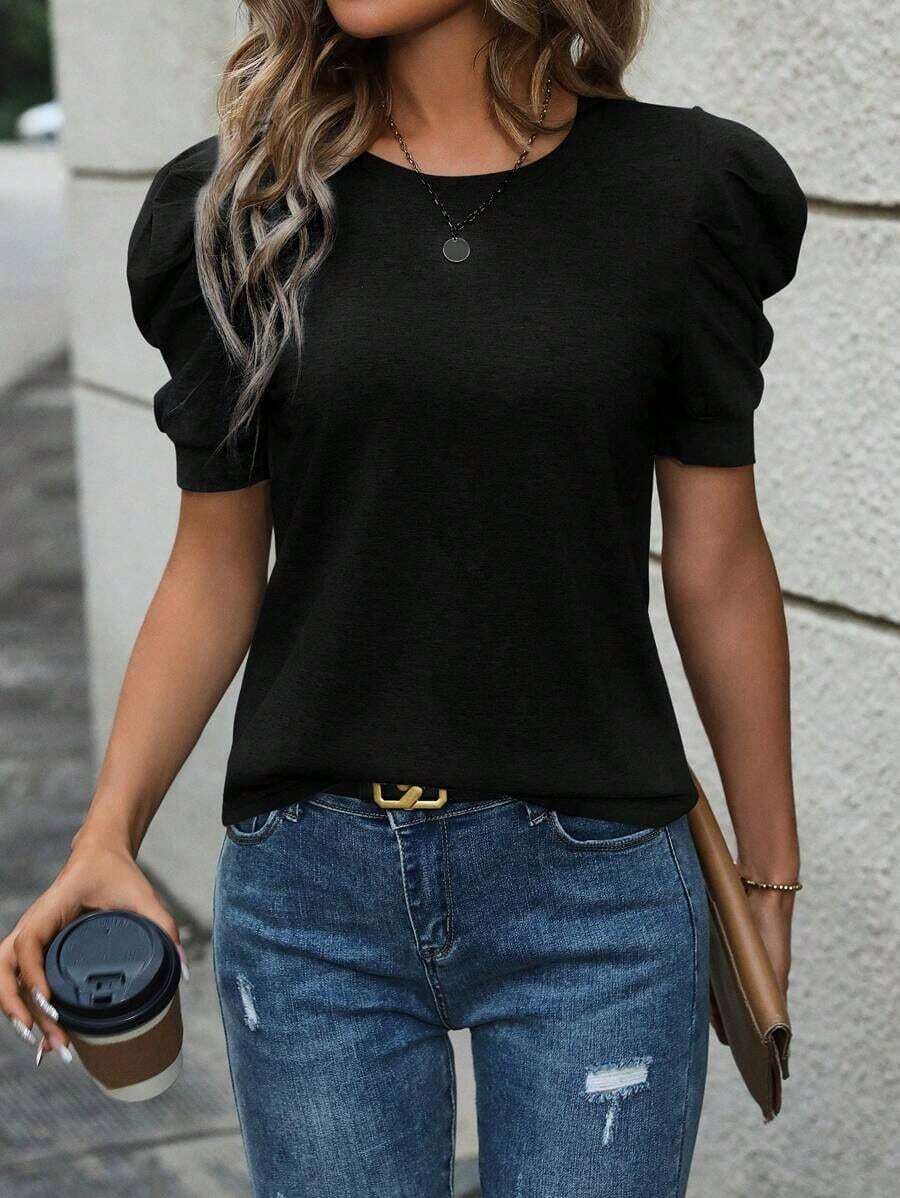 Selamara Camiseta casual de verano para mujer, de unicolor, cuello redondo y manga abullonada - Negro - Ver 1