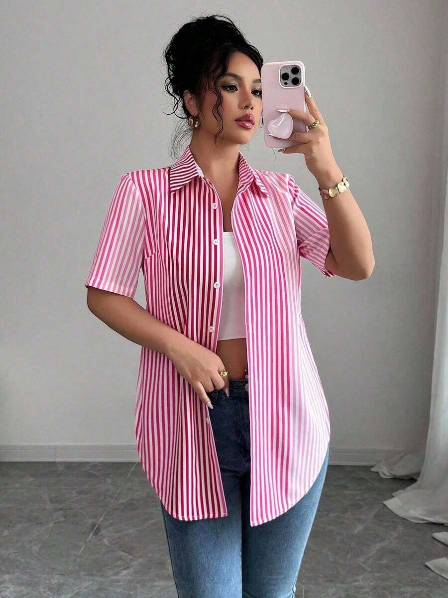 Camisa de mujer de manga corta, ajuste ceñido, con dobladillo curvo dividido, unicolor minimalista, para uso diario y casual en verano - Multicolor 4 - Ver 1