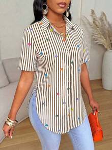 Camisa de mujer de manga corta, ajuste ceñido, con dobladillo curvo dividido, unicolor minimalista, para uso diario y casual en verano - Multicolor 6 - Ver 4