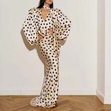 New Spring Collection Women's Dress, Retro Polka Dot Style, V-Neck, Puff Sleeves And Defined Waist - 白色 - 查看 10