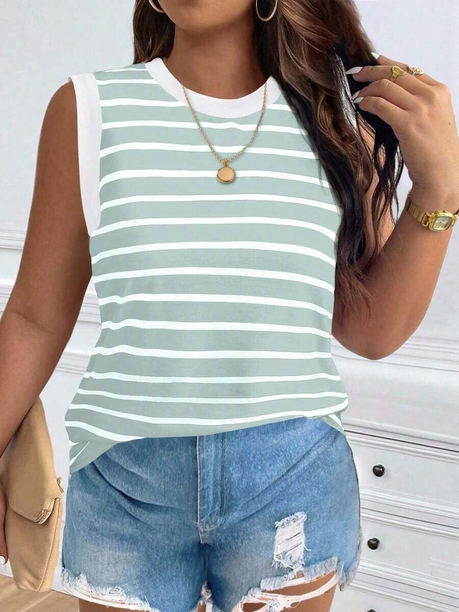 Chaleco sin mangas de mujer de talla grande, casual, de cuello redondo y con estampado de limón, de hombros anchos - Verde - Ver 1