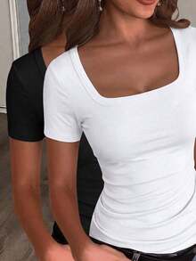 Camiseta blanca básica, casual y sencilla con cuello en V, manga corta, ajustada, con fruncido lateral, acanalada y elástica para mujeres, para el verano - Negro 2 - Ver 11