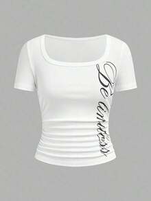 Camiseta blanca básica, casual y sencilla con cuello en V, manga corta, ajustada, con fruncido lateral, acanalada y elástica para mujeres, para el verano - Blanco - Ver 3