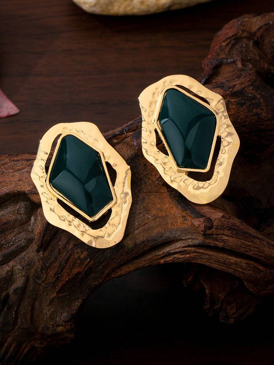 1 Pair Asymmetrical Geometric Shape Stud Earrings, Classic Textured Versatile Daily Wear - Green - View 1