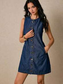 Vestido vaquero para mujer con bolsillos, abertura con botones de onda, vestido recto para mujer con cuello redondo, sin mangas, un solo botón, bolsillo, vestido azul de mezclilla para mujer, vestido azul marino, vestido estilo occidental para mujeres - Azul lavado medio - Ver 7
