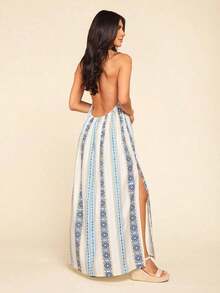 Vestido con estampado, corte con abertura alta, espalda descubierta, atar al cuello y flecos para mujer, vacaciones - Azul y blanco - Ver 9