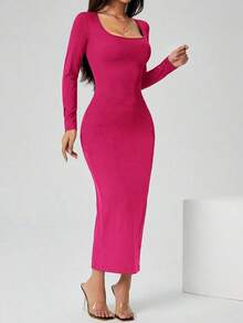 Vestido largo de manga larga con cuello cuadrado color negro sólido ajustado, vestido elegante de manga larga para mujer con cuello cuadrado, ajuste ceñido, manga recta, liso, para uso diario casual en primavera/otoño - Rosa Fucsia - Ver 8