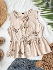 Blusa de tirantes casual con volantes y bordado en el bajo para vacaciones de mujer - Albaricoque - Ver 1
