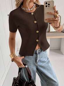 Cárdigan casual de mujer de manga corta, cuello redondo, con botones delanteros, de unicolor y delgado - Café integral 2 - Ver 6