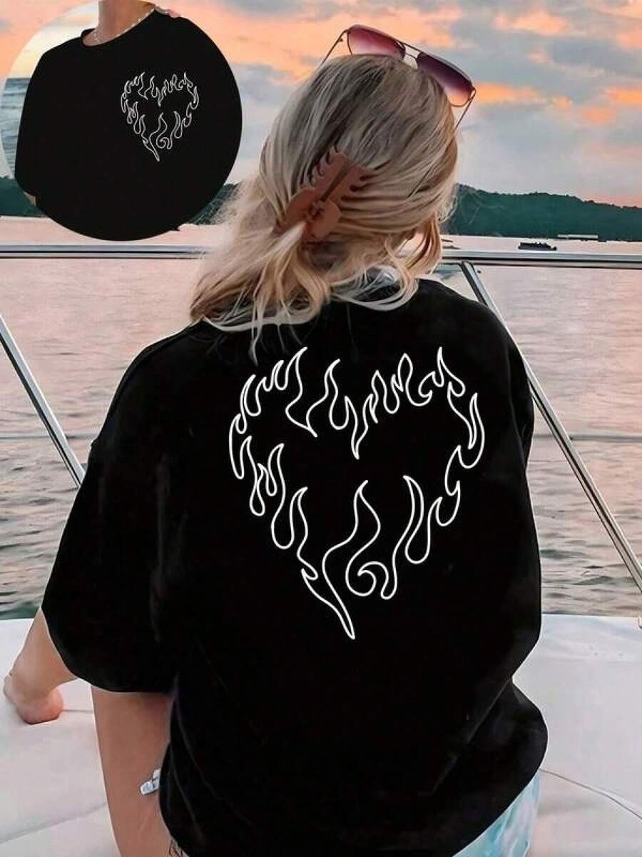 1pc Camisetas Para Mujer Camiseta Y2K con diseño de llamas en forma de corazón ideal para un estilo urbano y moderno perfecta para los amantes de la moda contemporánea y las  de los años 2000 disponible en talla única para un look cómodo y atrevido que destaca en cualquier ocasión Camiseta De Manga Corta De Algodón - Negro - Ver 1
