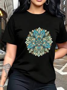 Limited Time Offer, Limited Quantities, Flash ! Women's Casual Shirts, Women's Polyester T-Shirts, Stylish Shirts. This Casual Style T-Shirt Features A Gradient Print Of Lapis Lazuli, Lotus, And Mandala, And Is Perfect For Those Seeking Individuality And A Natural Aesthetic. It Can Be Worn Alone For Everyday Outings, Or Layered Under A Jacket To Add Depth. - 黑色 - 查看 12