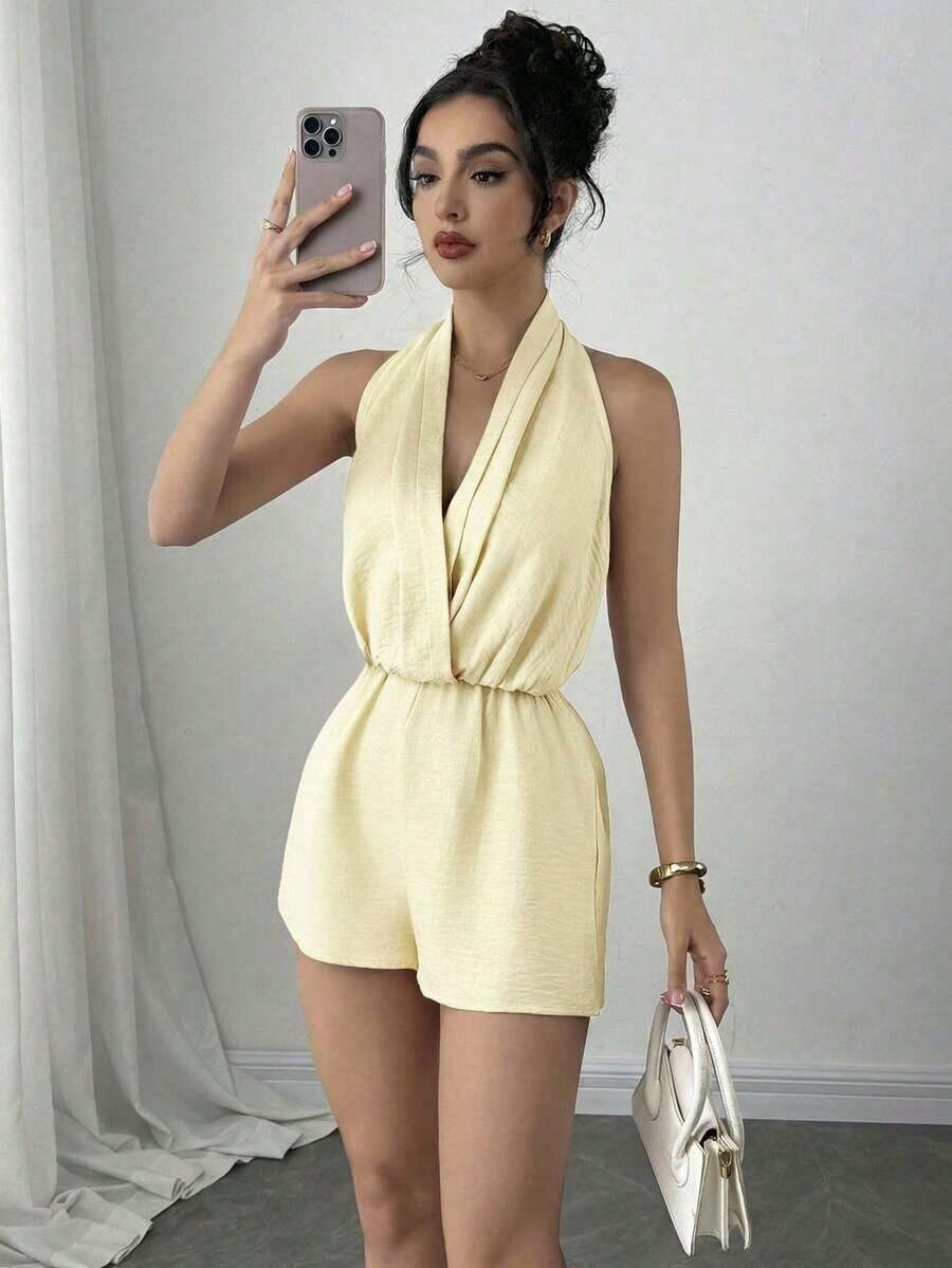 Mono elegante y romántico sin espalda con cuello halter para mujer, adecuado para fiestas, vacaciones, citas y bodas, cumpleaños - Amarillo claro - Ver 1